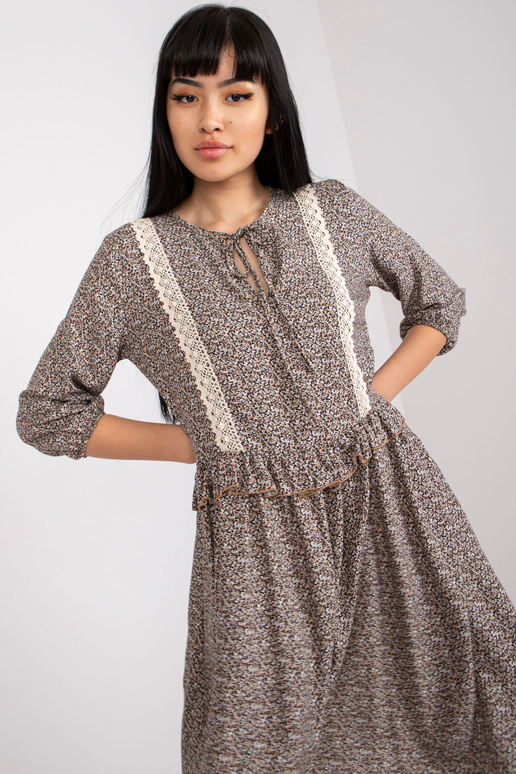 Hnědé ležérní šaty s 3/4 rukávem RUE...