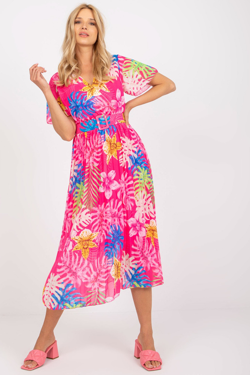 Růžové skládané midi šaty s tropickým...