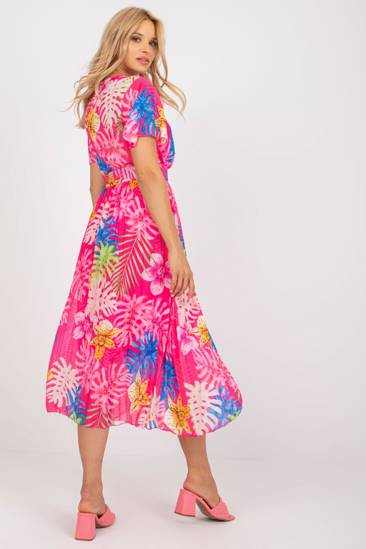 Růžové skládané midi šaty s tropickým...
