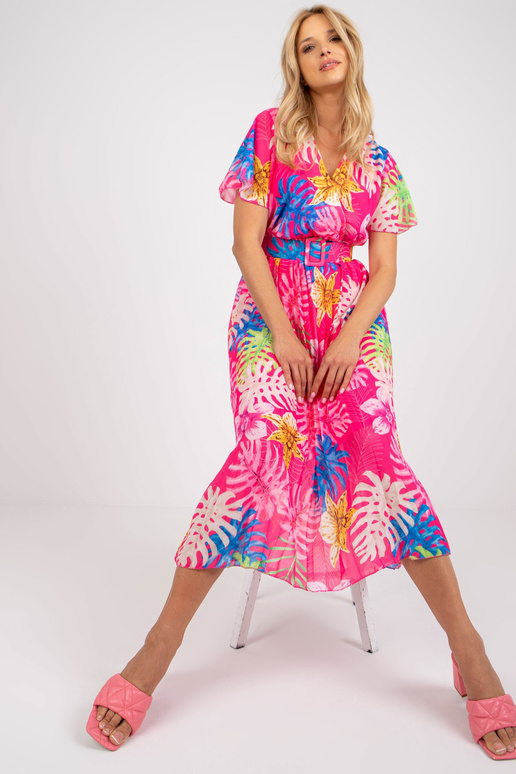 Růžové skládané midi šaty s tropickým...