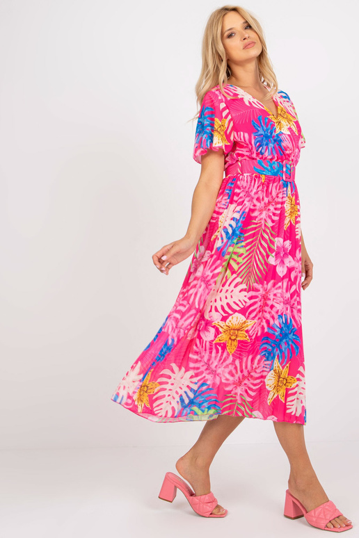 Růžové skládané midi šaty s tropickým...