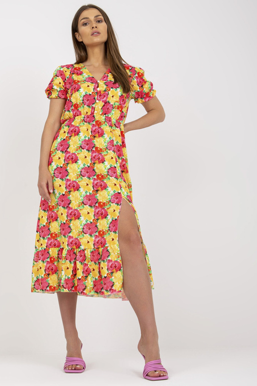 Žluté květinové midi šaty s rozparkem