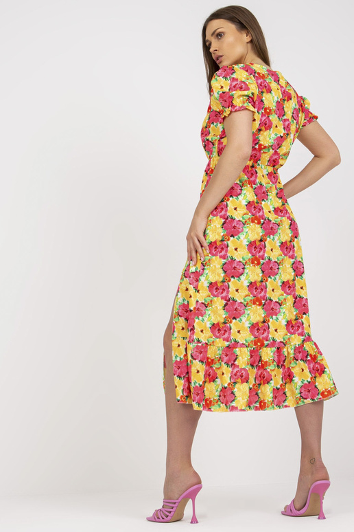 Žluté květinové midi šaty s rozparkem