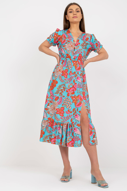 Modré midi šaty s potiskem a rozparkem