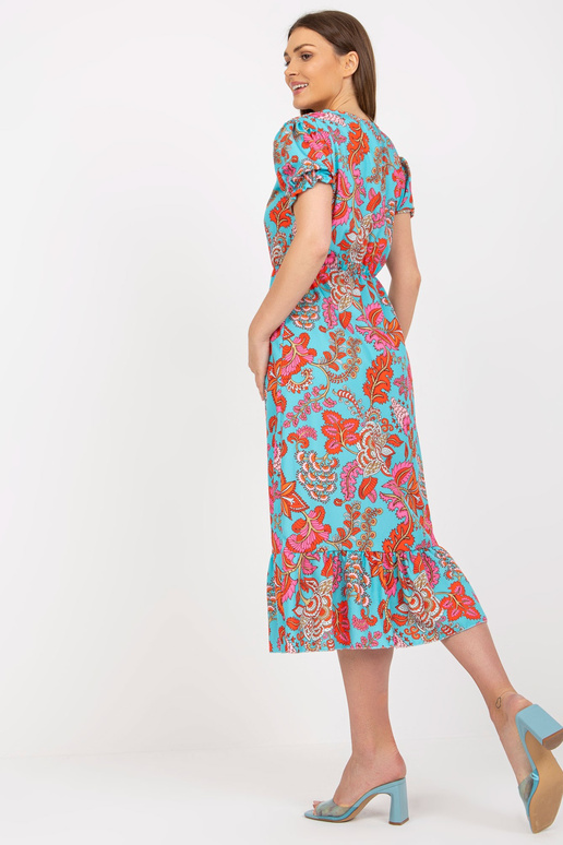 Modré midi šaty s potiskem a rozparkem