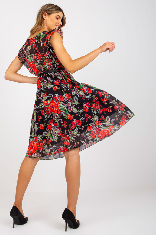 Černo-červené květinové řasené midi šaty