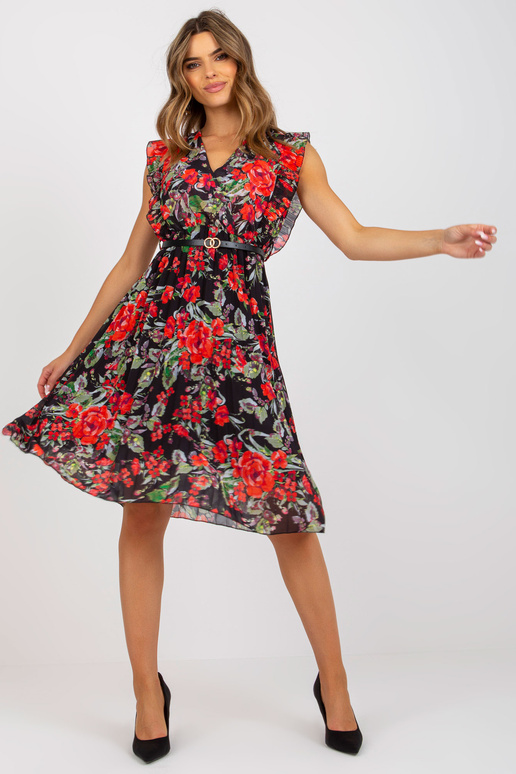Černo-červené květinové řasené midi šaty