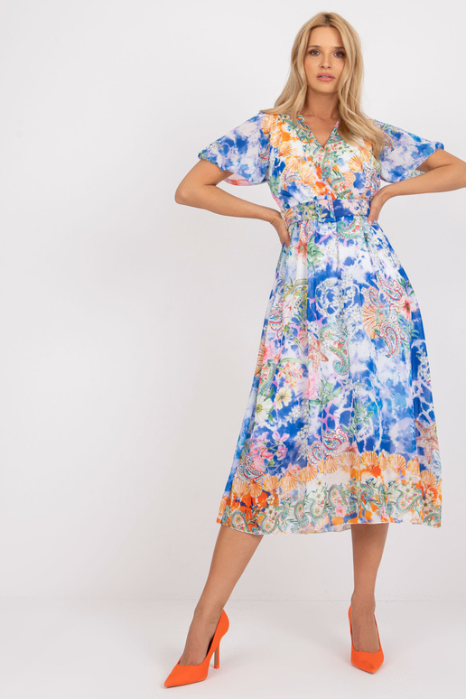 Modré midi šaty s potiskem a páskem