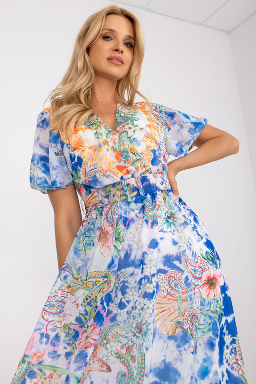 Modré midi šaty s potiskem a páskem