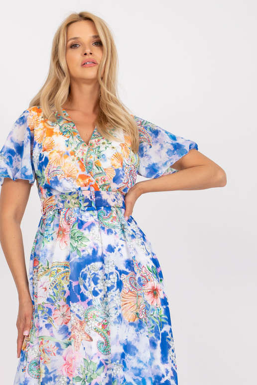 Modré midi šaty s potiskem a páskem