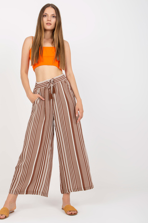 Hnědé široké kalhoty z pruhované...