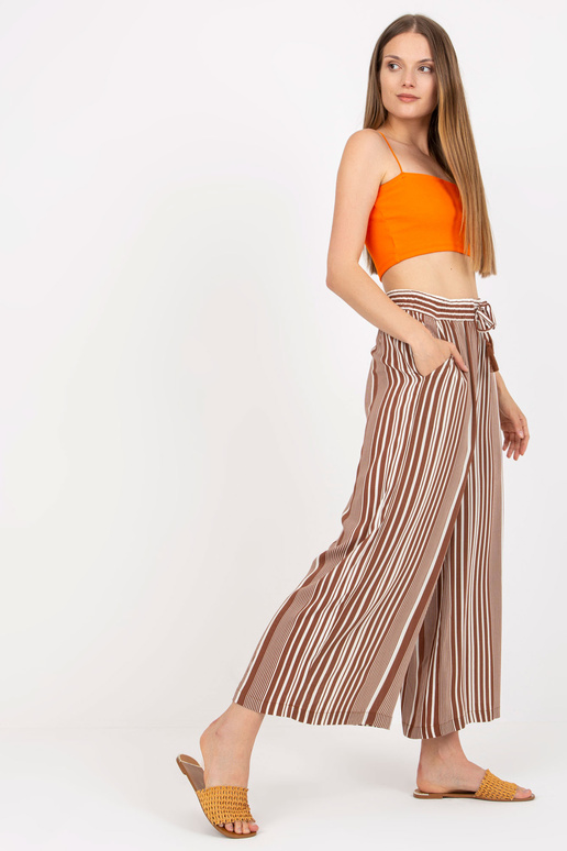 Hnědé široké kalhoty z pruhované...