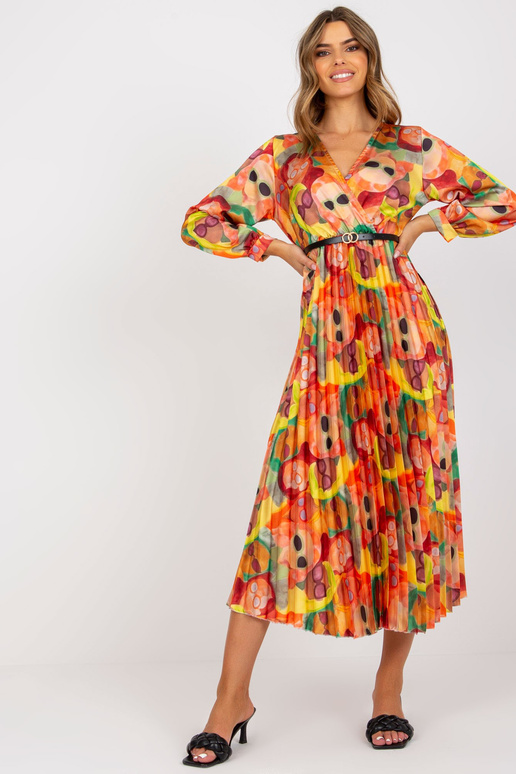 Oranžové skládané šaty s barevnými vzory