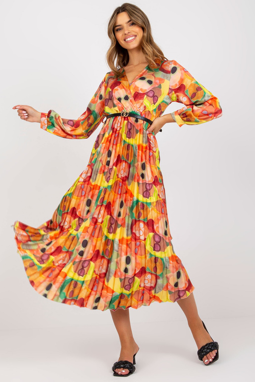 Oranžové skládané šaty s barevnými vzory