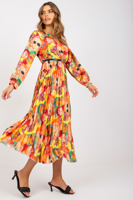 Oranžové skládané šaty s barevnými vzory