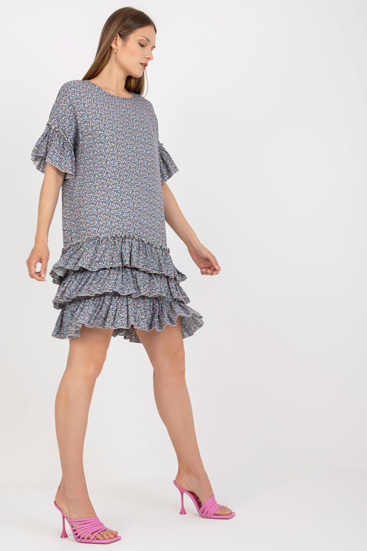 Modré minišaty s volánky a potisky...