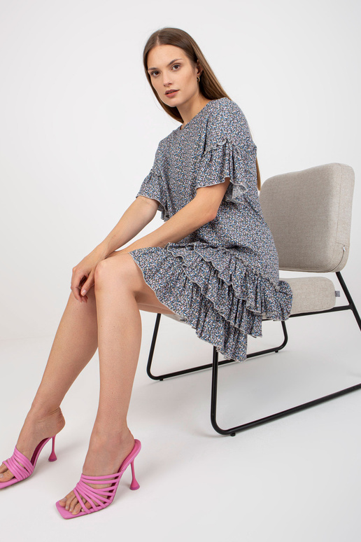 Modré minišaty s volánky a potisky...