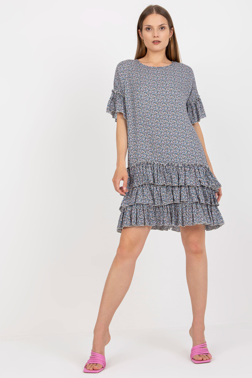 Modré minišaty s volánky a potisky...