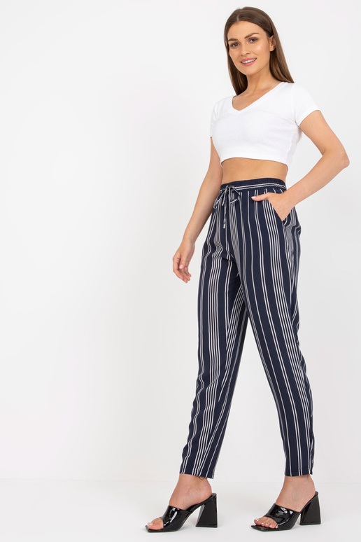 Tmavě modré letní kalhoty z pruhované...