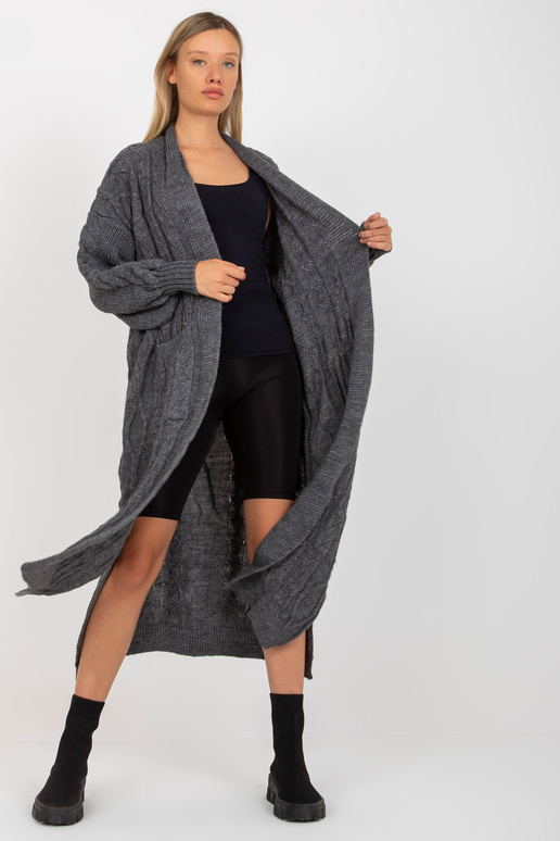 Tmavě šedý maxi cardigan s copánky...