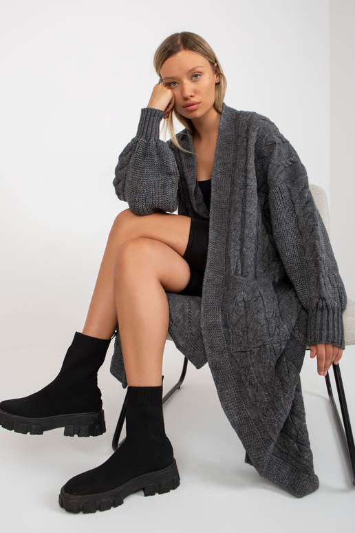 Tmavě šedý maxi cardigan s copánky...
