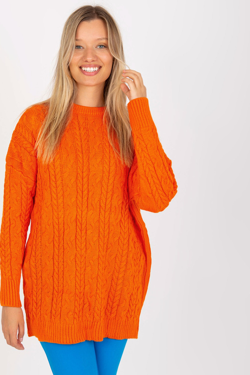 Oranžový svetr s copánky a kulatým...