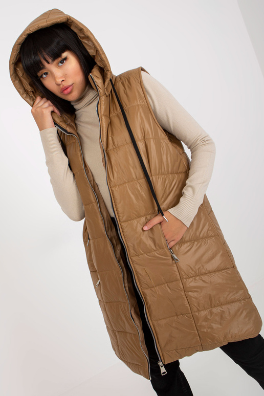 Světle hnědá dlouhá péřová vesta s... Světle hnědá dlouhá péřová vesta s...