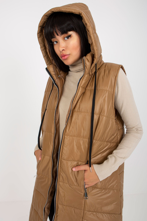 Světle hnědá dlouhá péřová vesta s... Světle hnědá dlouhá péřová vesta s...