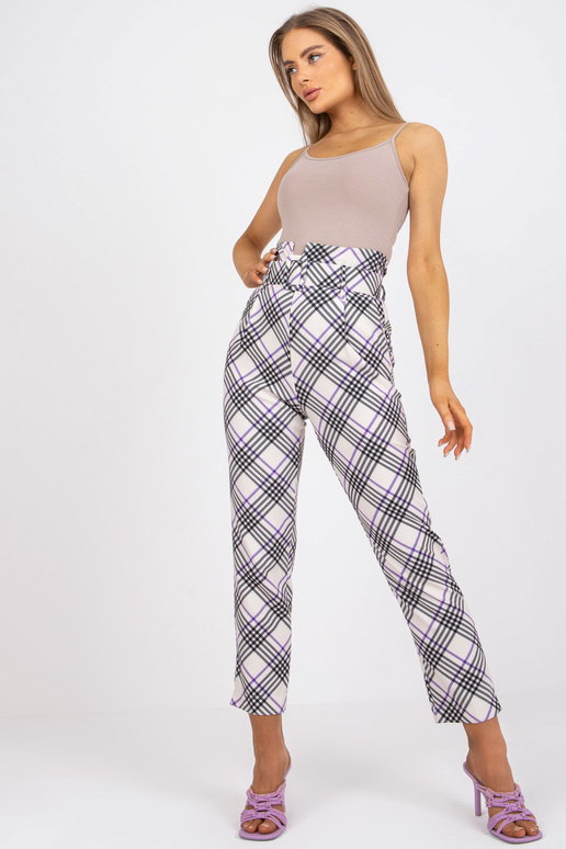 Ecru-fialové dámské kostkované kalhoty