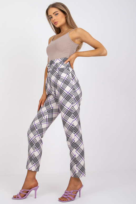 Ecru-fialové dámské kostkované kalhoty