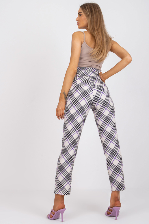 Ecru-fialové dámské kostkované kalhoty