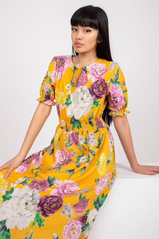 Žluté midi šaty s potiskem květů Melani
