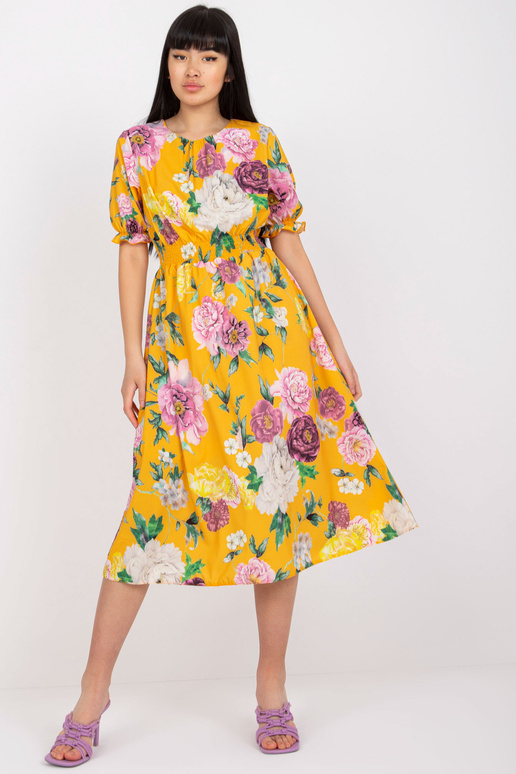 Žluté midi šaty s potiskem květů Melani