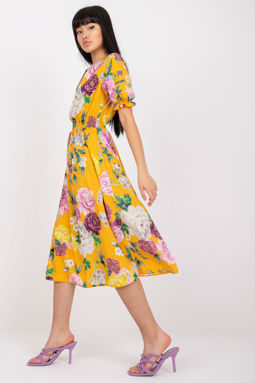 Žluté midi šaty s potiskem květů Melani