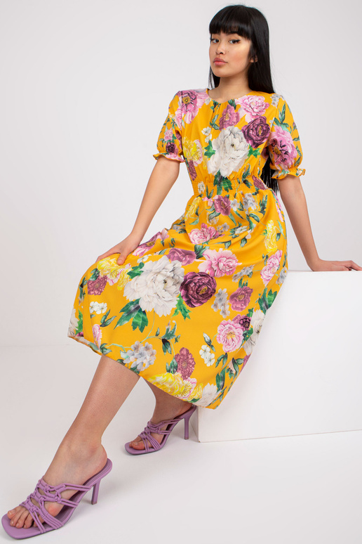 Žluté midi šaty s potiskem květů Melani
