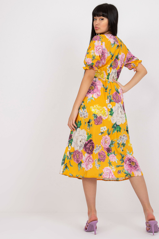 Žluté midi šaty s potiskem květů Melani