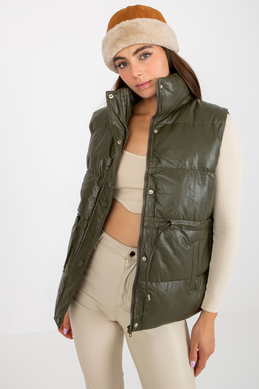 Khaki péřová vesta z eko kůže s kapsami