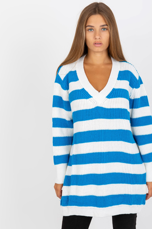 Bílomodrý oversize svetr s vlnou RUE...