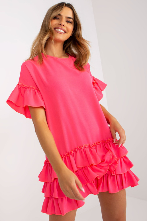 Fluo růžové šaty s volánky a krátkým...