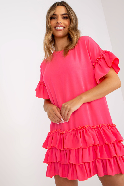 Fluo růžové šaty s volánky a krátkým...