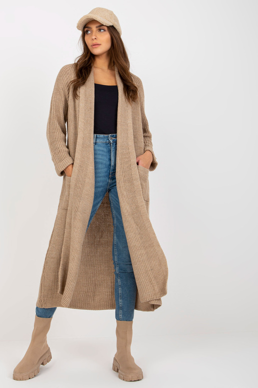 Béžový dlouhý kardigan s vlnou OCH BELLA Béžový dlouhý kardigan s vlnou OCH BELLA