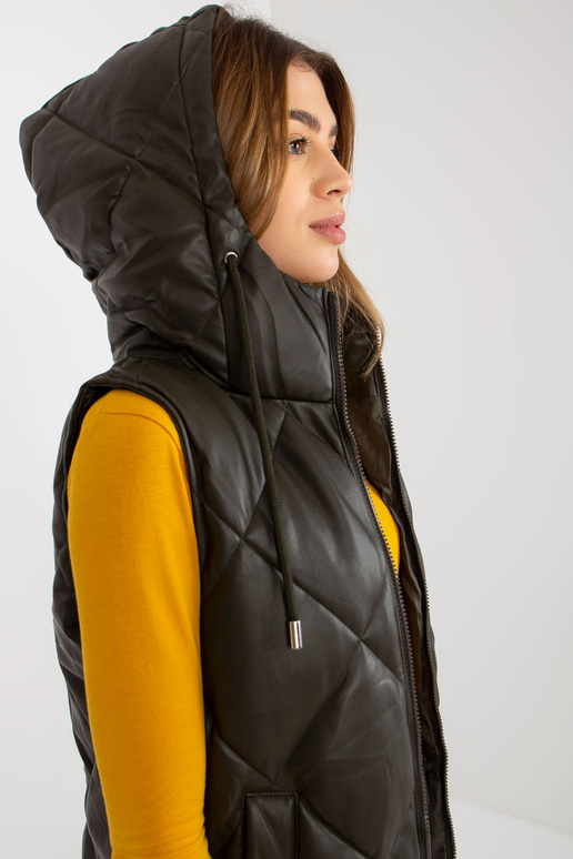 Khaki dlouhá prošívaná vesta z eko kůže