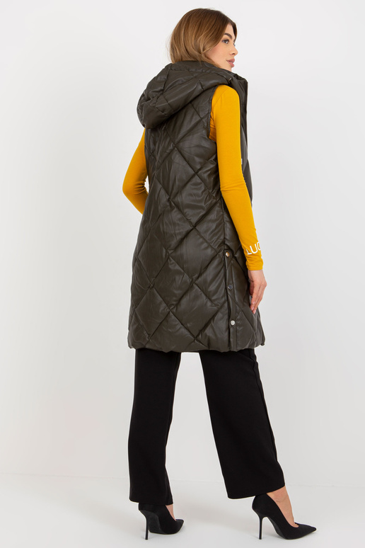Khaki dlouhá prošívaná vesta z eko kůže