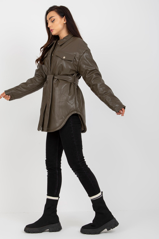 Khaki péřová bunda z eko kůže s páskem Khaki péřová bunda z eko kůže s páskem