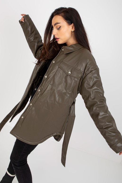 Khaki péřová bunda z eko kůže s páskem Khaki péřová bunda z eko kůže s páskem