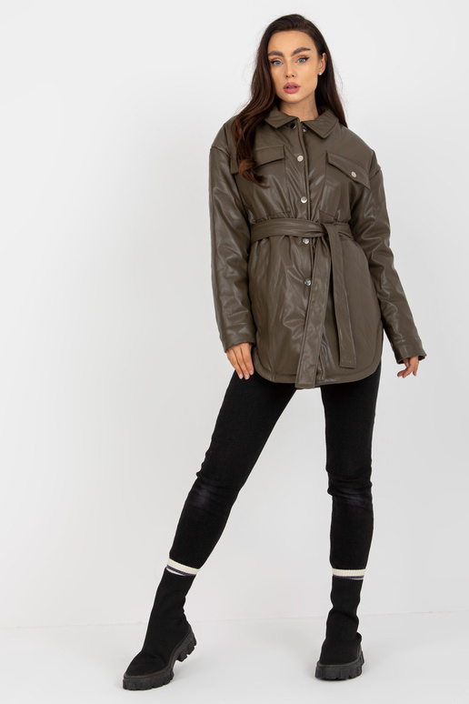 Khaki péřová bunda z eko kůže s páskem Khaki péřová bunda z eko kůže s páskem