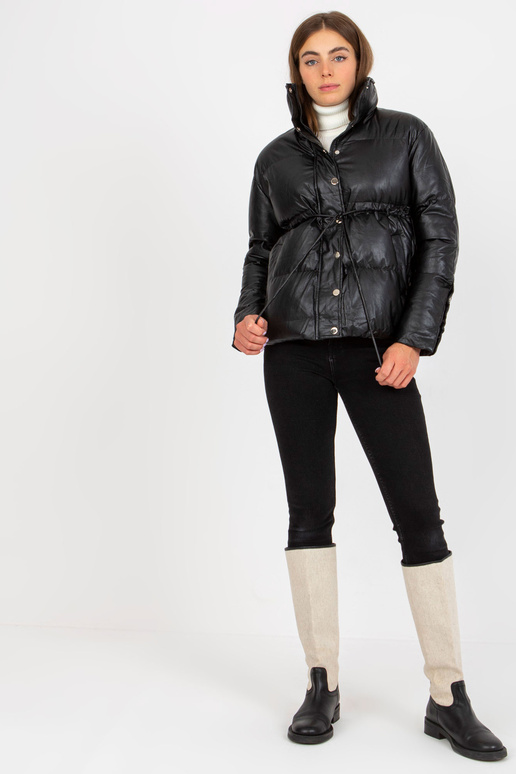Černá zimní bunda z eko kůže bez kapuce