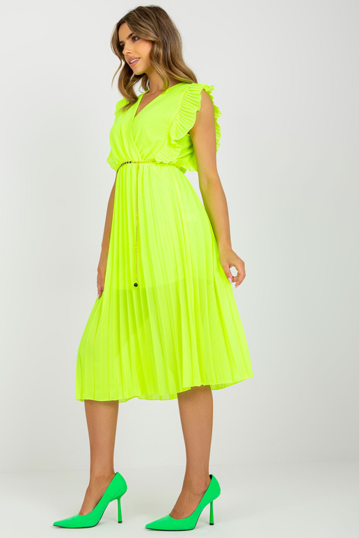 Fluo žluté řasené viskózové midi šaty