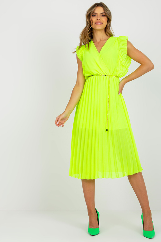 Fluo žluté řasené viskózové midi šaty