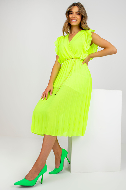 Fluo žluté řasené viskózové midi šaty